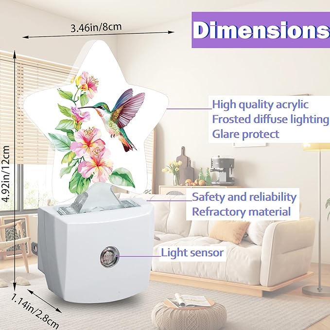 Hummingbird Night Lights Plug Into Wall,Spring Flower Dusk to Dawn Light Sensor Night Light for Kids, Energy Efficient Sleep Friendly Lamp for Bedroom Bathroom Nursery