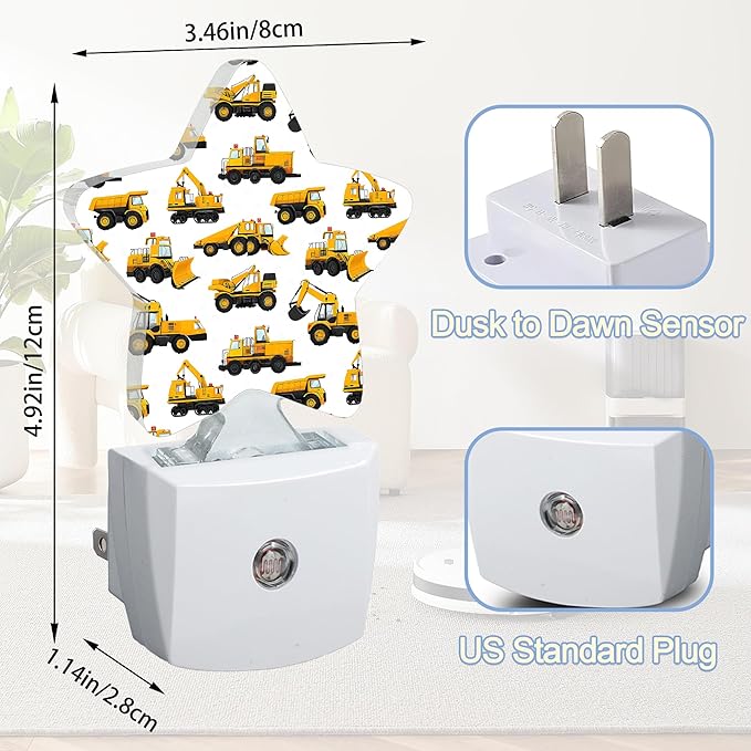 Yellow Cartoon Truck Dusk to Dawn Star Night Light,Construction Smart Sensor Nightlight for Bedroom Kitchen Hallway Stairs,Plug-in Energy Efficient Decor Desk Lamp Women Men Gifts