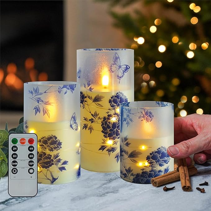 Flameless Candles with String Lights - Set of 3 Chinoiserie Battery Operated Candle Flickering Floral LED Pillar Candles with Timer Remote for Home Decor Romantic Ambiance