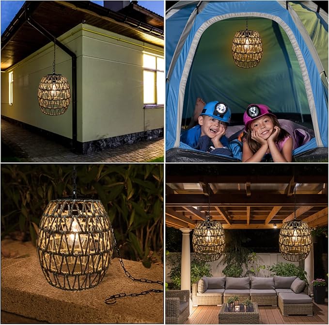 Larekook Hanging Solar Lanterns Outdoor Waterproof, Natural Seeweed Rattan Lantern Bamboo Woven Hanging Pendent Light with Edison Bulb,Solar Chandelier Outdoor Light for Gazebo Garden Porch Patio