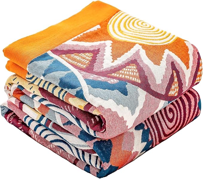 Boho Cotton Muslin Twin Size Bed Throws,100% Cotton Rustic 4 Layer Reversible Colorful Woven Blankets, Washable Breathable Mexican Decor Bed Blankets 60"×80" for Couch Sofa All Seasons