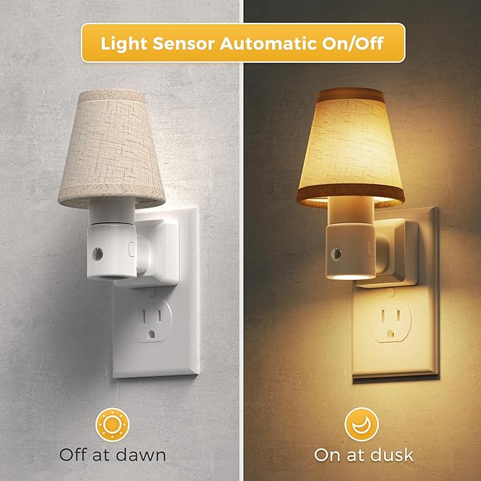 L LOHAS LED Night Lights Plug into Wall, Plug in Night Light Dimmable, Soft Warm Nightlight with Light Sensor, Rotatable Base, Vintage Linen Fabric Nightlights Plug in Wall for Bathroom Kitchen 2Pack