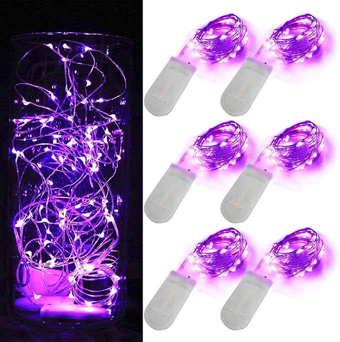 6 Pack 7Ft Starry String Lights No Remote Fairy String Lights 20 Micro Starry Leds On Silvery Copper Wire CR2032 Batteries Included,Works for Wedding Centerpiece,Party,Christmas Table Decor (Purple)