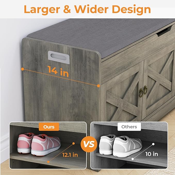 Farmhouse Shoe Storage Bench with Cushion Seat, 3-Tier Entryway Bench with Lift Top Storage and Adjustable Shelf, Bench for Hallway, Bedroom, Grey