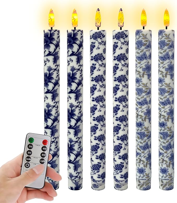 Chinoiserie LED Candles Flameless Candlesticks-6pcs Timer Blue Flower Battery Operated Candle Remote Floral LED Taper Candles Lights for Home Wedding Tea Party Windows Decor-P6TBLUMIX