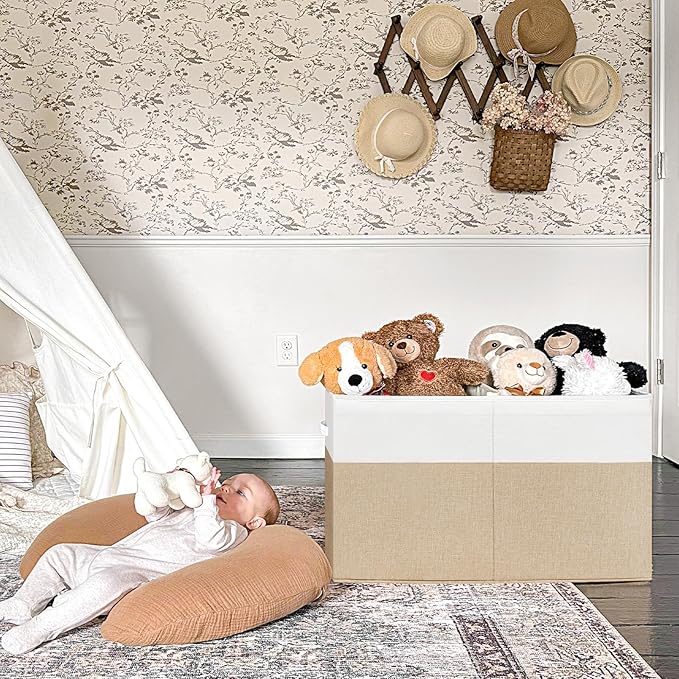 INDRESSME Large Toy Box with Lid, Collapsible Toy Storage Organizer Chest with Divider, Foldable Toy Bin for Kids Boys Girls Playroom Nursery Bedroom Living Room 25"x16"x13" (Beige & White)