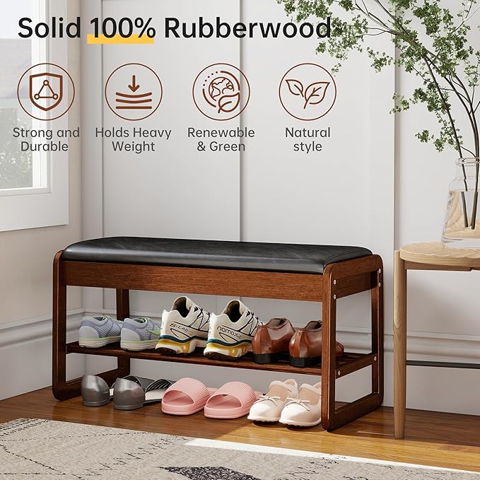 Shoe Rack Bench with Flip-Top Storage, Solid Rubberwood 2-Tier Shoe Organizer with Cushion, Wooden Shoe Stand for Entryway, Mudroom, Hallway, Closet, Front Door Entrance, Foyer