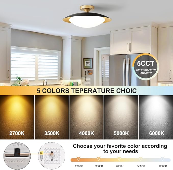 Dimmable Mid Century Modern Ceiling Light,5CCT LED Black and Gold Semi Flush Mount Ceiling Lighting, for Kitchen Bedroom Hallway Bathroom 2700K-6000K 15.75 in