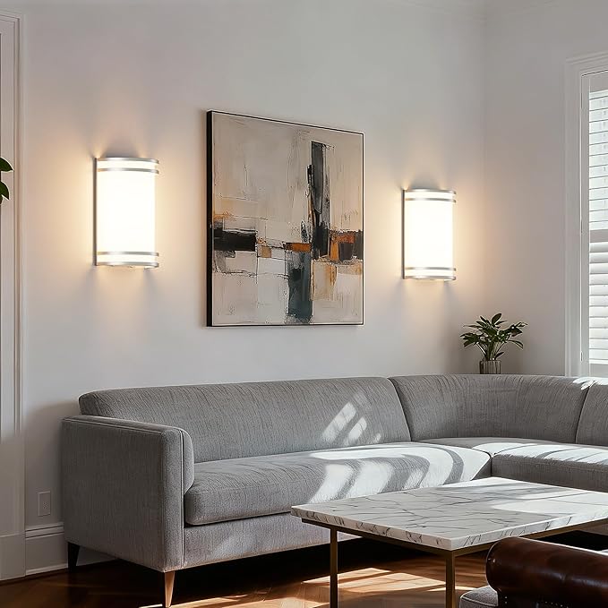Aipsun Modern Wall Sconces Set of Two, Hardwired 15W LED Indoor Wall Sconce Lighting Dimmable Wall Lights for Living Room Hallway Bedroom (Brushed Nickel)