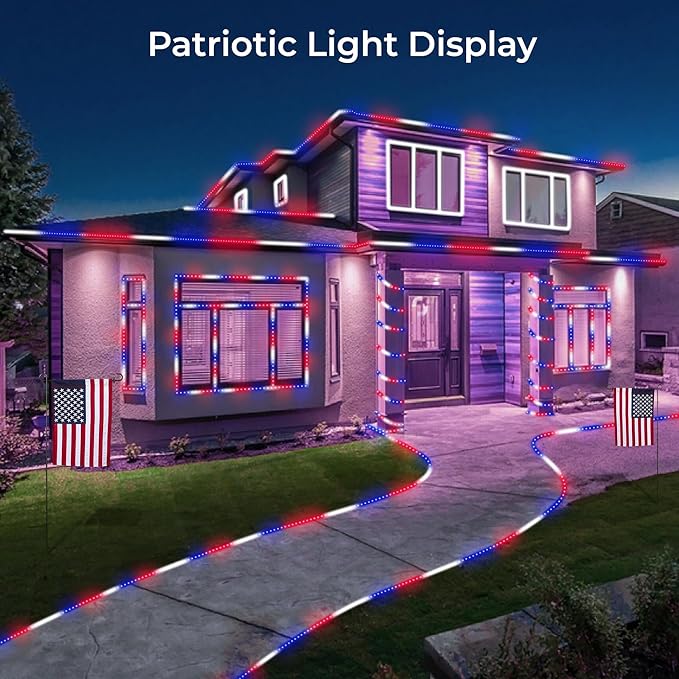 WYZworks 3312LEDs, 300ft LED USA Patriotic American Red White Blue Outside Rope Lights, Outdoor ETL Certified Waterproof Permanent 360 Degree Light, Flexible Tube, Connectable, Palm Tree Exterior