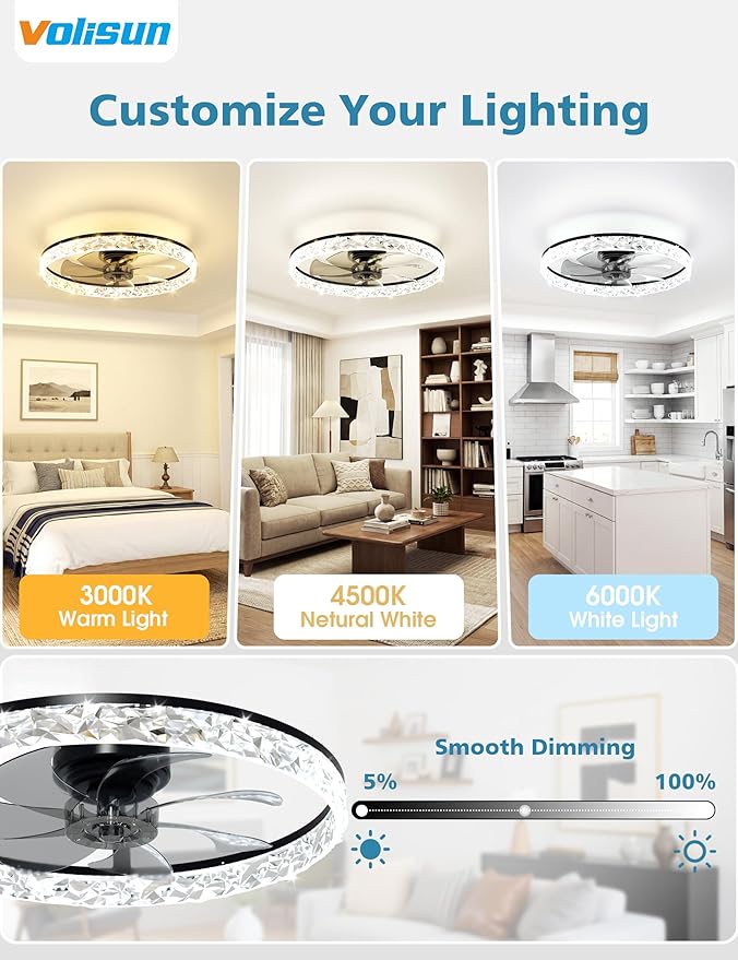 VOLISUN Low Profile Ceiling Fan with Lights and Remote, 24in Modern Ceiling Fans Flush Mount, 3000K-6500K Dimmable Bladeless LED Fan Light, Black Fandelier Ceiling Fans with Lights for Bedroom