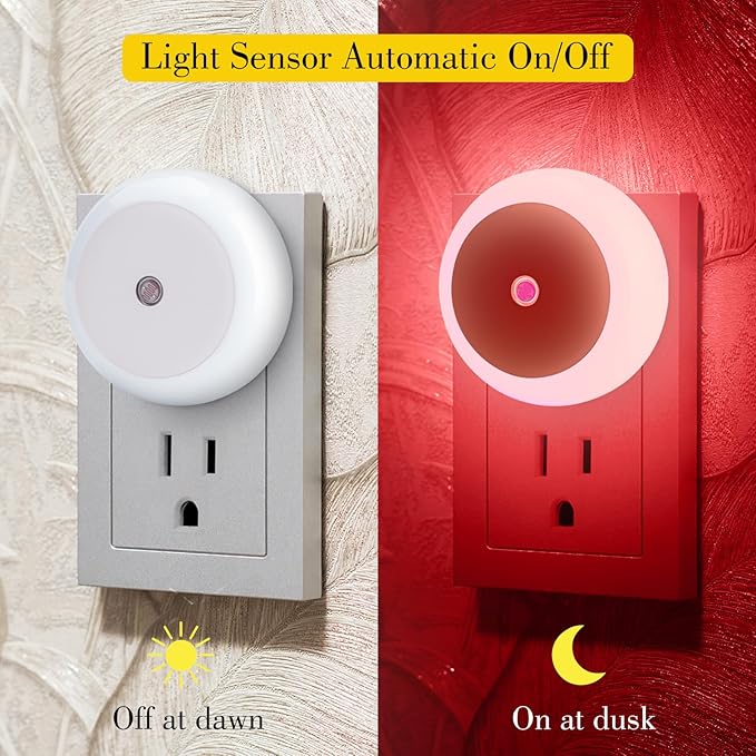 KINUR 6 Pack Red LED Plug into Wall with Dusk to Dawn sensors Plug in Night Lights for Kids Room, Bedroom, Bathroom, Stair Lights, Hallway Light