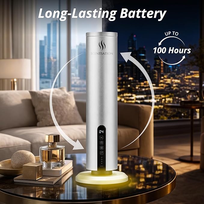 Diffuser Tower Wireless - Essential Oil Fragrance - 1500 SqFt Wide Coverage – Cordless Rechargeable Waterless Aromatherapy, 8-Day Battery, Aluminum Body, Idead Home Office Spa Hotel Bedroom (Silver)