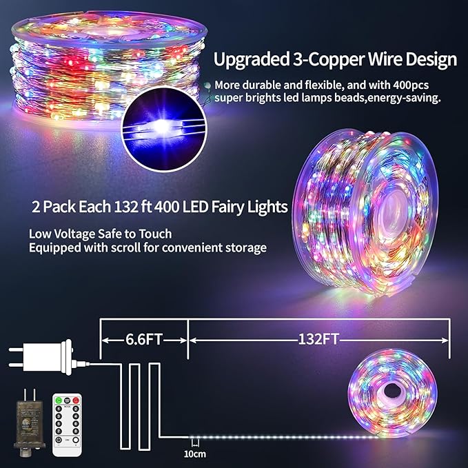 2 Pack Each 132 FT 400 LED Fairy Lights Plug In Christmas Lights Outdoor Decorations Waterproof String Lights with Timer 8 Modes Memory for Holiday Wedding Party Tree Wall Bedroom Garden-Multicolored