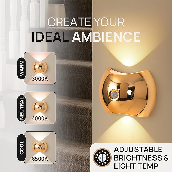 Battery Operated Wall Sconces Set of Two, Rechargeable Wireless LED Wall Lights — Motion Sensor, No Drill Magnetic Mount, 3 Modes, for Bedroom Hallway Stairs, Gold