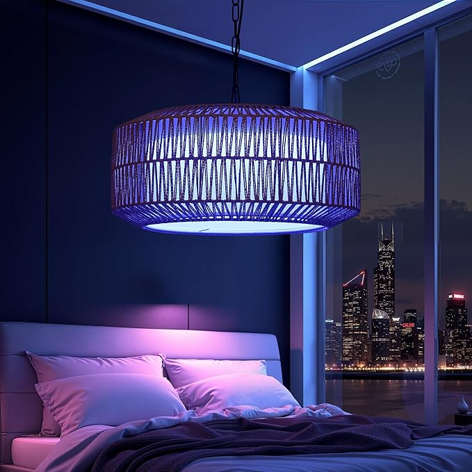 Smart RGB Ambient Rattan Pendant Light with Voice & App Control, Dimmable Boho Hanging Ceiling Lamp for Bedroom & Dining Room, Handwoven Wicker Light Fixture, 21.7” Natural