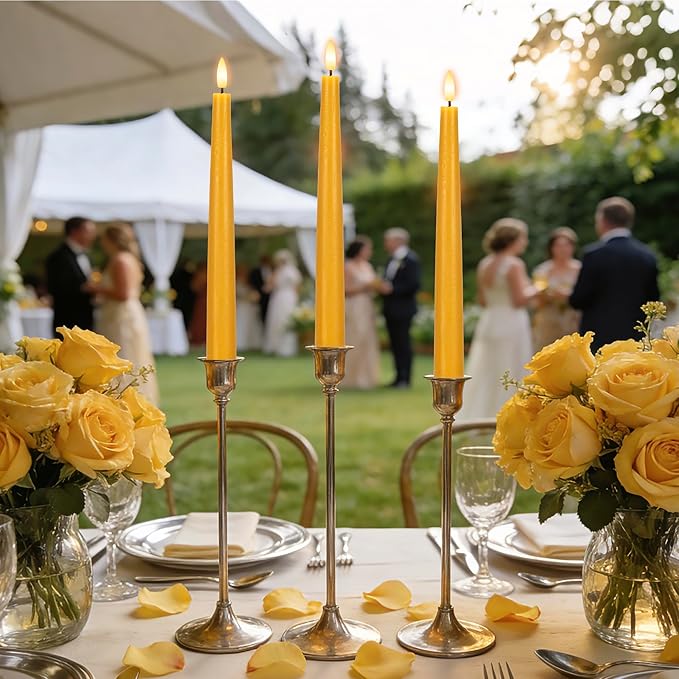 Yellow Flameless Taper Candles with Remote, 9.6 Inches Real Wax Battery Operated Candles, 3 Pack Flickering LED Candlesticks, Tall Taper Fake Candles for Home, Wedding, Party