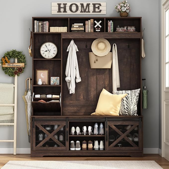 75''H LED Farmhouse Hall Tree with Bench and Shoe,Entryway Bench with Coat Rack,16 Shoe Cubbies & Umbrella Holder and Sock Storage Drawer,Mudroom/Hallway Storages Cabinet(Brown)