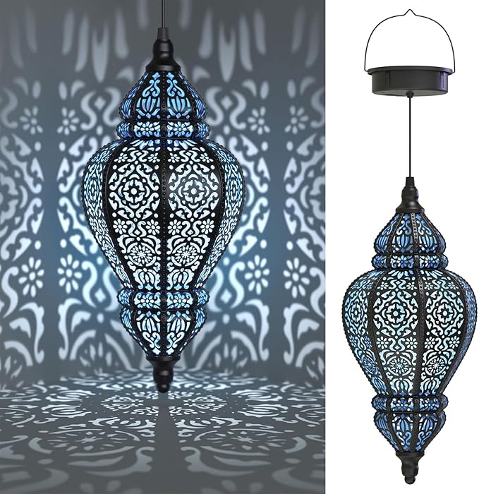 Hanging Solar Lights Outdoor Garden Decor Solar Lantern Waterproof Plastic Moroccan Outdoor Decorations for Patio Pathway Yard Backyard Garden Decorative (Black, 1)