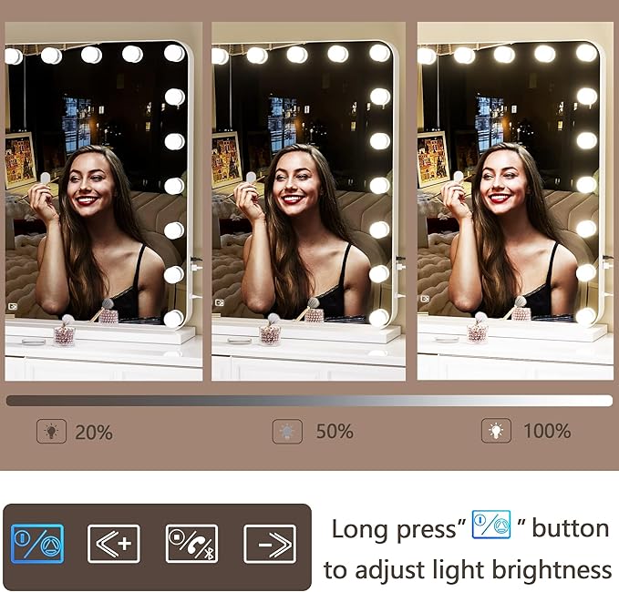 Hasipu Vanity Mirror with Lights and Bluetooth Speaker, 39.4" x 28.7" Hollywood Makeup Mirror with 21 Dimmable Bulbs and 10X Magnification, 3 Colors Modes, USB Charging Port, Type-C (White)