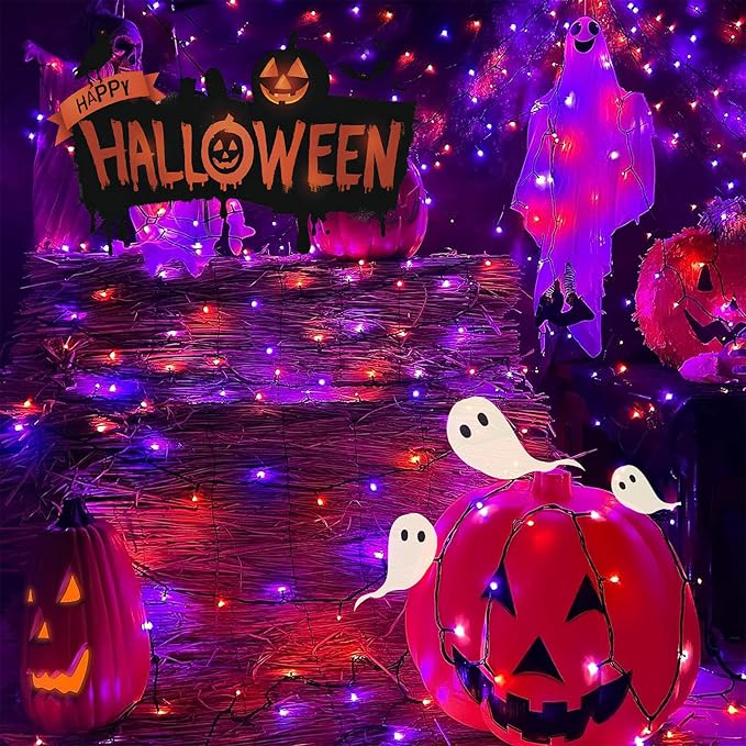 ITICdecor 33ft 100 LED Halloween Lights, Purple & Orange Halloween String Lights Waterproof Battery Operated, 8 Modes Decorative Lights for Indoor Outdoor Party Garden