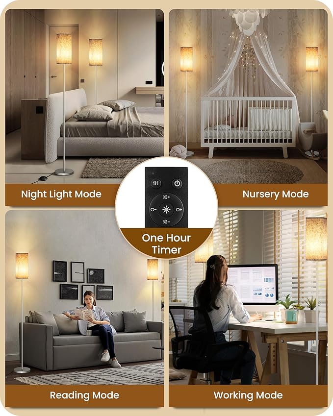 64.2'' Dimmable Floor Lamp for Living Room with Remote and Foot Switch, Corner Floor Lamp for Bedroom, Includes 10W A19 Bulb, Modern Standing Tall Lamp, ETL Listed Silver and Beige SE17LD05