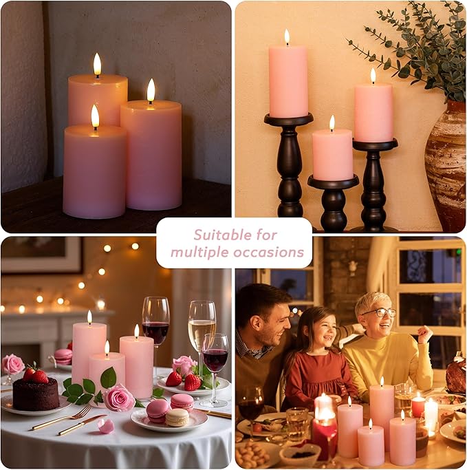 Pink Flameless Pillar Candles, Real Wax Battery Operated Candles with Remote, Flat Top Flickering Flameless Candles, LED Candles for Home Party Wedding Romantic Night Decor, Set of 3