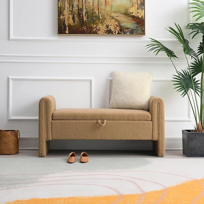 Modern 52" Storage Ottoman Bench, Upholstered End of Bed Storage Bench with Armrests, Entryway Bench, Teddy Foot Rest Stool for Living Room Hallway Bedroom (Coffee Brown)
