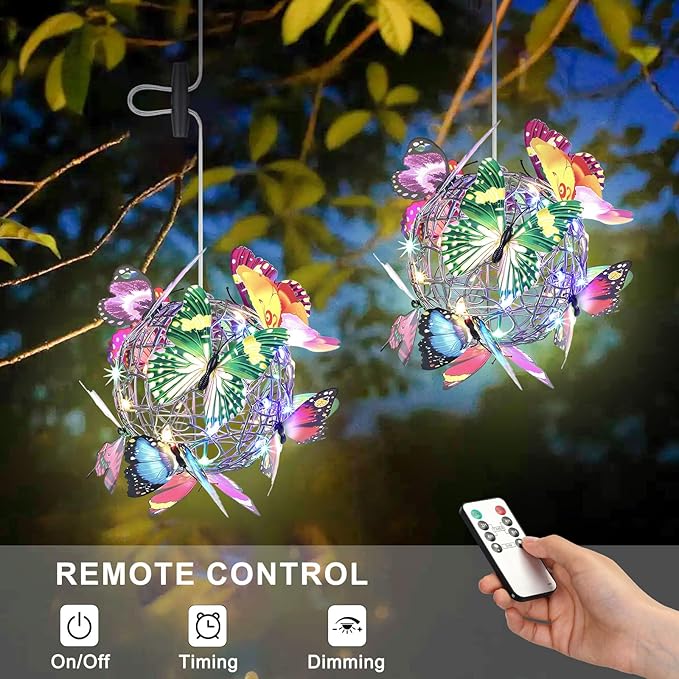 Lightess Butterfly Garden Decor Hanging Gazebo Lights, Waterproof Battery Operated Chandelier with Remote, Outdoor Lanterns for Patio, Porch, Pergola (2 Pack)