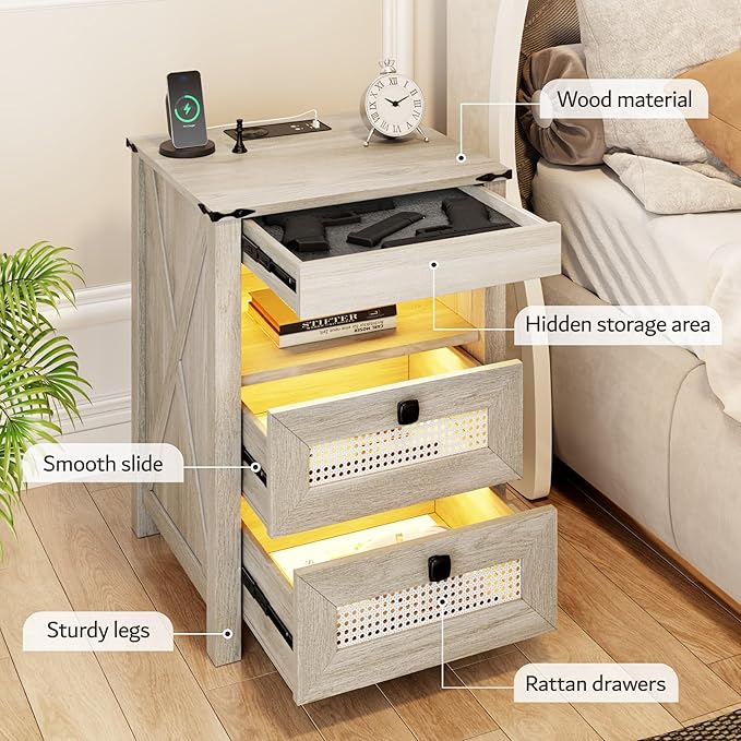 Night Stand with Gun Drawer, Bedside Table with Charging Station & LED Light, Gun Nightstand for Bedroom Living Room, Rustic Grey