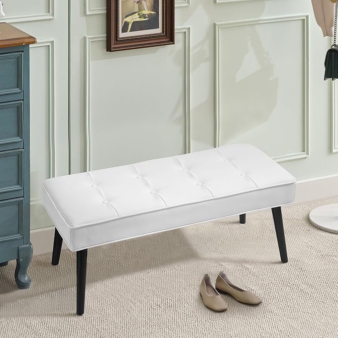 LOULENS 40'' PU Leather Tufted Ottoman Bench, Modern Upholstered End of Bed Bench, Waterproof Leather Entryway Bench with Wood Legs, Accent Footrest for Living Room, White