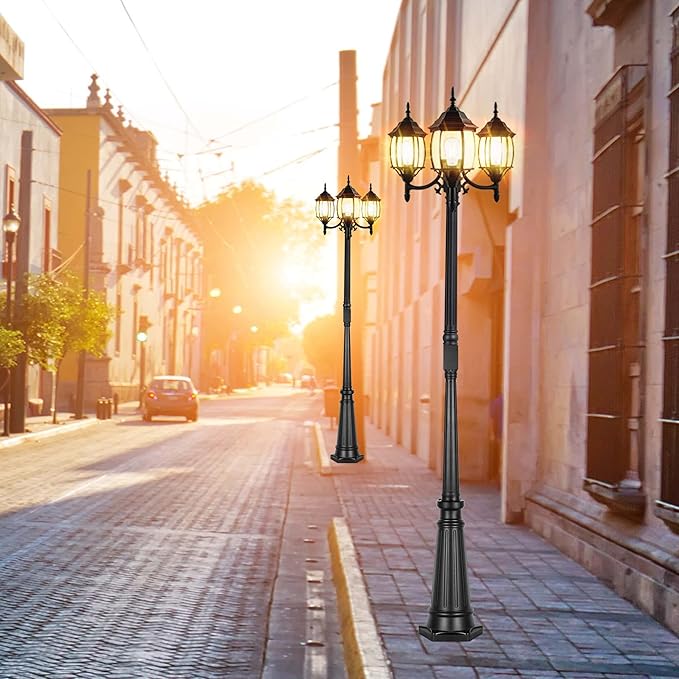 Dusk to Dawn Outdoor Lamp Post Light with GFCI Outlet, 3-Head Classic Black Light Pole with Glass Panels (3 LED Bulbs Included), Aluminum Waterproof Outside Street Light for Backyard Garden Driveway
