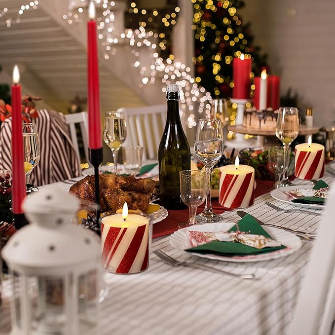 Christmas Candy Cane Stripe Flameless Pillar Candles, Real Wax Red and White Battery Operated Flickering Candles with Timer for Xmas Holiday Home Decoraction, Set of 3(3"x3")