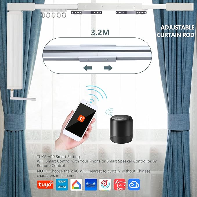 Smart Curtain Tracks WiFi Control by Phone, Support Voice Control for Alexa, Google Home, Tuya App Remote Automated Curtain Smart Curtains Opener Motorized Curtains Rods with Remote Control (125'')