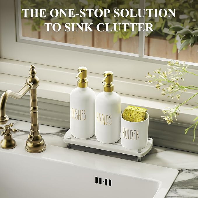 Cisily Gold Kitchen Soap Dispenser Set with Dish Brush Holder, Dish and Hand Soap Dispenser Set with Stainless Steel Pumps, Instant Dry Tray, Suitable for Kitchen Decor and Accessories(Gold&White)