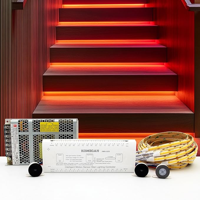 Intelligent Motion Triggered LED Stair Lighting Kit KMG-3233, 40" Cuttable LED Strip Light for Indoor LED Stair Lights (Orange Color, 16 Stairs)