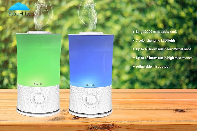 BlueHills Large Essential Oils Diffusers for Large Rooms Set of 2 2000ML Capacity Models Adjustable Cool Mist Output Options – Value Pack of White and White Wood Grain