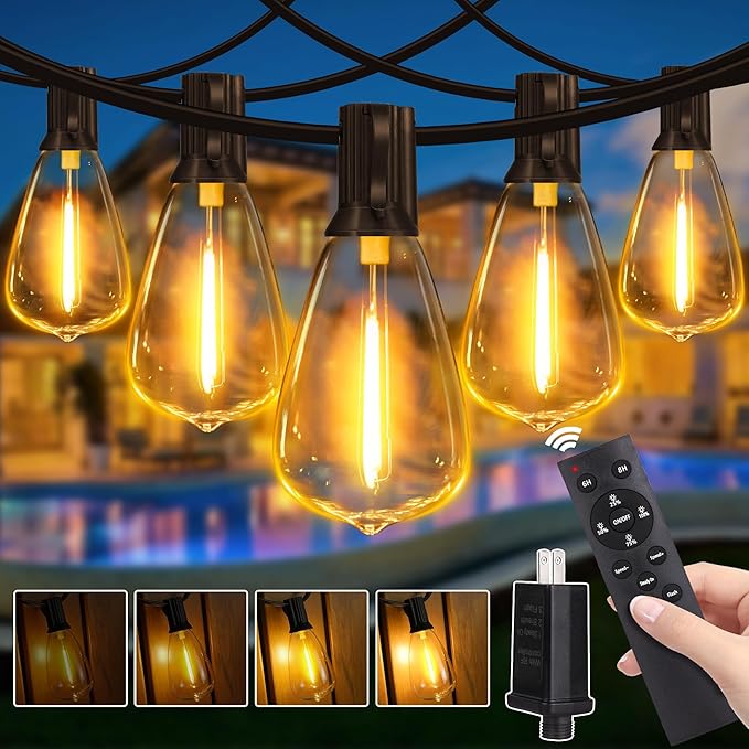 Outdoor String Lights Dimmable with Remote, 100 FT Outdoor Lights with 2 Timer and 3 Mode, Waterproof & Shatterproof Patio Lights, 2200K Energy Saving String Lights 3 Spare Bulbs for Patio Yard