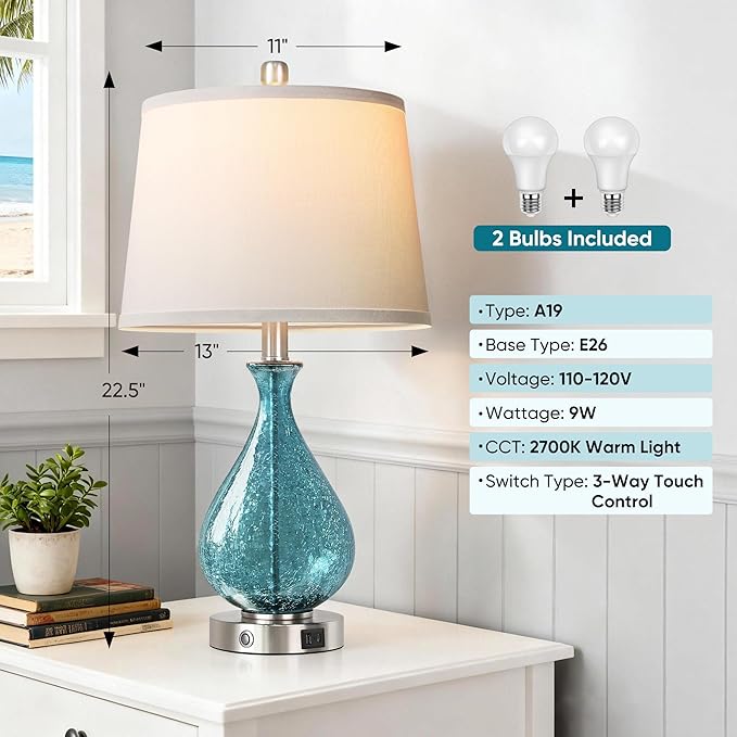 QiMH Glass Table Lamp for Living Room Bedroom Set of 2, 22.5" LED Light with Touch Control, Blue 3 Way Dimmable Modern Bedside Lamps for Home Decor with White Fabric Shade