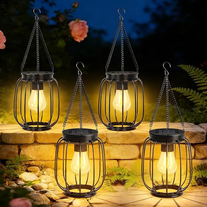 Outdoor Solar Lanterns, Waterproof Vintage Metal Hanging Lights with Warm White LED, Auto On/Off, Brighter Decorative Lanterns for Garden Patio Yard Porch, Gifts for Women Mom, 4 Pack
