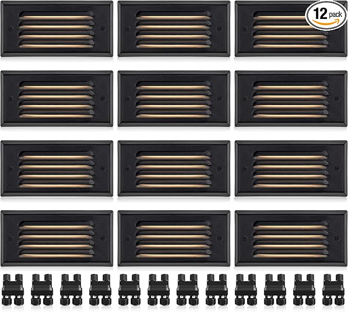 SUNVIE LED Low Voltage Step Lights 3000k Step Light Outdoor 5W Low Voltage Deck Lights with Horizontal Louver Faceplate Deck Stair Light for Stairs Fence Post Fastlock2 Connectors Included, 12 Pack