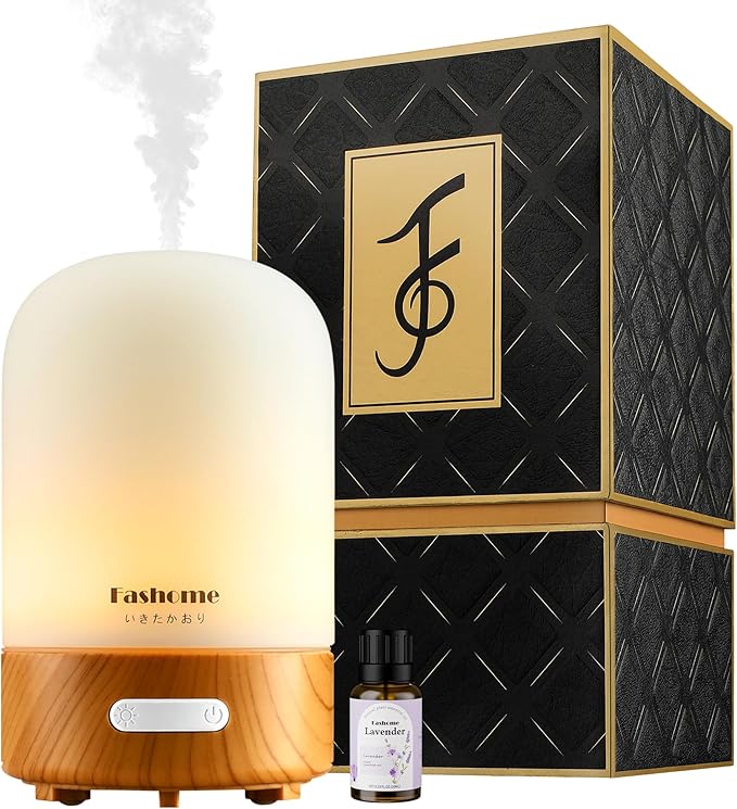 Essential Oil Diffuser Hand Blown Glass, 100ml Small Aromatherapy Diffuser, Auto Shut-Off Function, Ultrasonic Diffusers for Essential Oils, Cool Mist Humidifier with Warm White Lights（White）