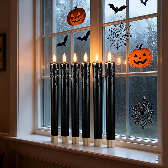 Lezonic Black Flameless Taper Candles Battery Operated with Remote, Long LED Candlesticks Flickering Real Wax Set of 6, 9.5 inch Battery Candles with Realistic 3D Flame for Halloween