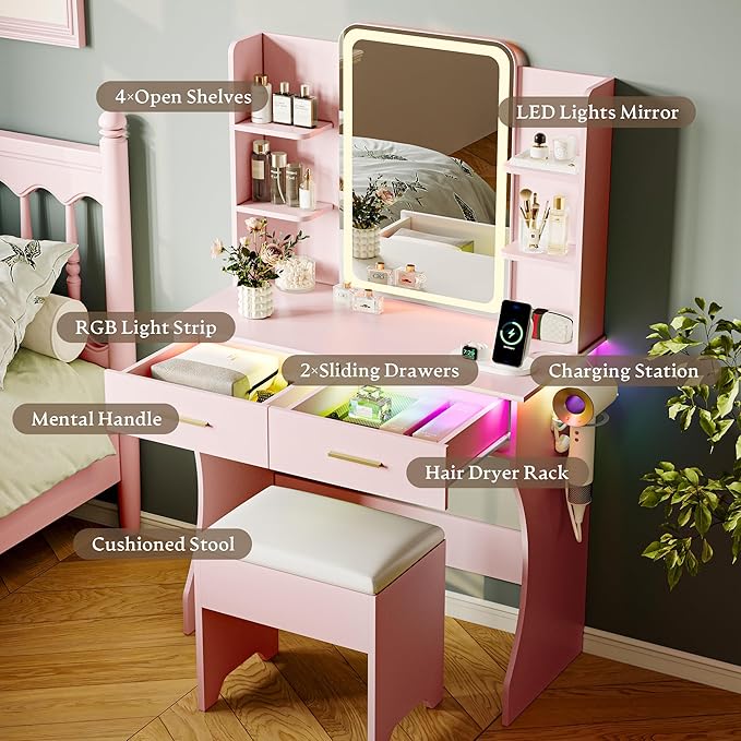 Makeup Vanity Desk with Mirror & Lights, Small Vanity Table Set for Girls with Chair & Power Outlet, Modern Dressing Table with 2 Drawers & 4 Storage Shelves, Adjustable RGB Lighting - Pink