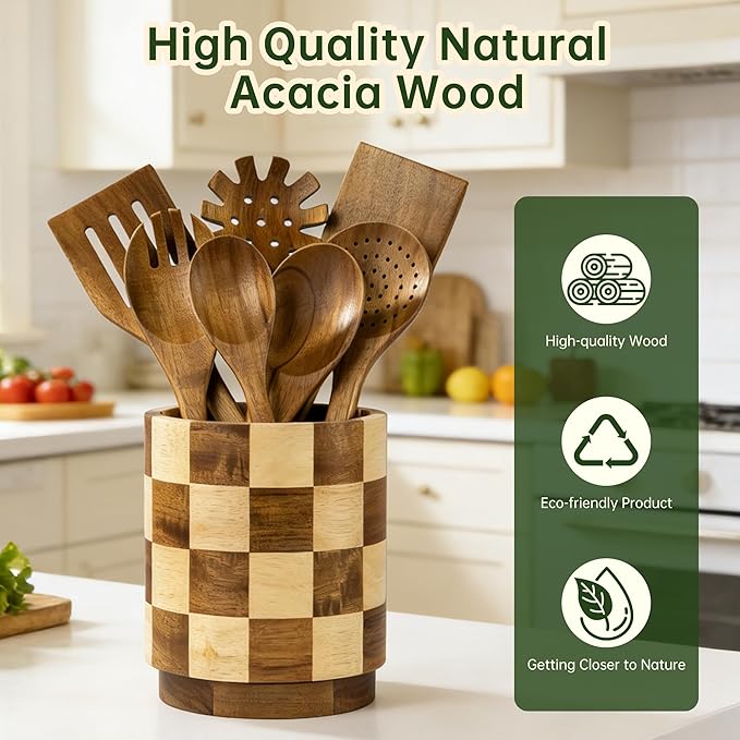 Wooden Utensil Holder, 360° Rotating Acacia Wood Kitchen Utensil Holder for Countertop, 7.2" Non-Slip Large Utensil Holder for Kitchen, Farmhouse Countertop Decor, Spatula Holders, Checkered