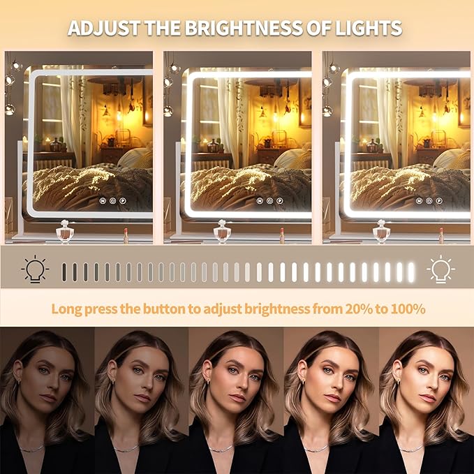 Hasipu Extra Large LED Vanity Mirror 30"x21" - Light up Makeup Mirror with 10X Magnification, Phone Holder, USB Charging & Smart Touch 3-Color Lighting (White)