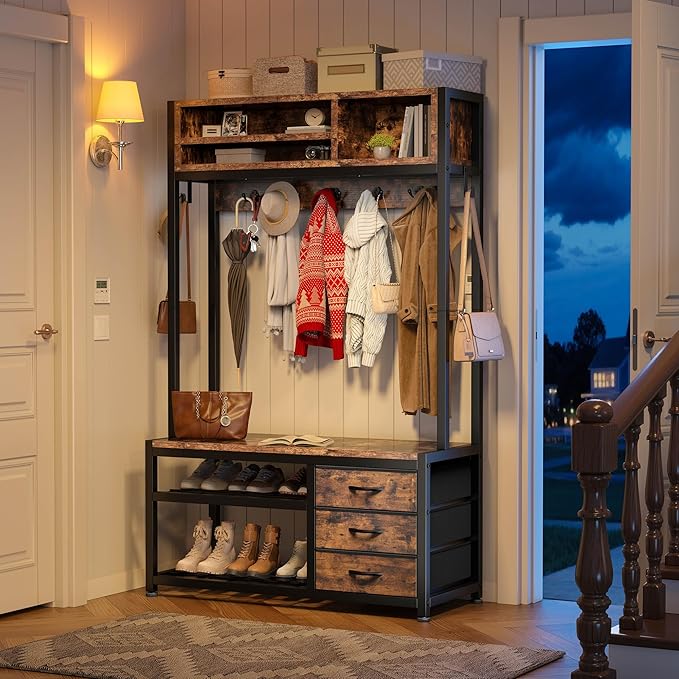 Raybee Hall Tree with Bench and Shoe Storage, Coat Rack Freestanding with 3 Fabric Drawers, Entryway Bench with Shoe Storage, Hall Tree with 12 Hooks for Hallway, Rustic Brown
