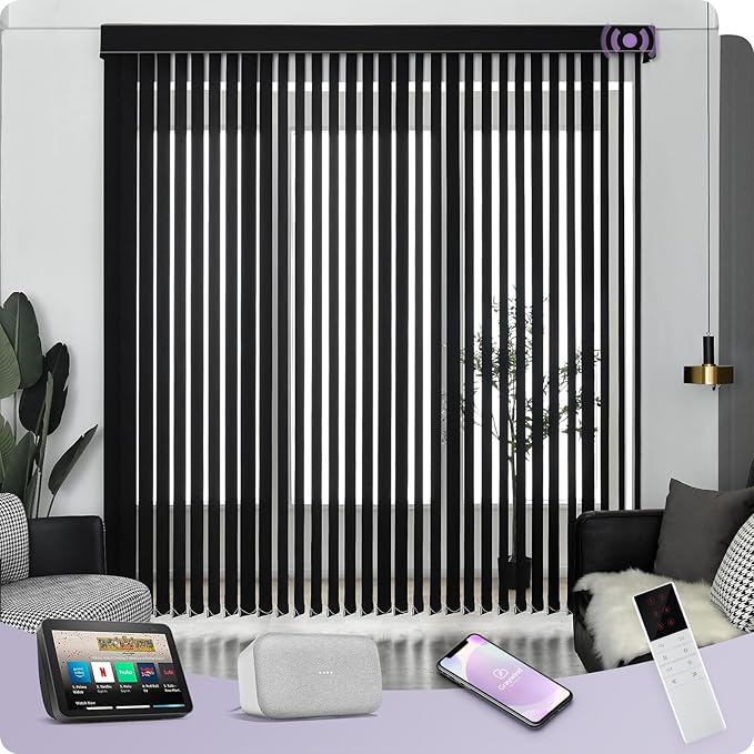 Graywind Motorized Vertical Blinds Compatible with Alexa Google Privacy Reversible Blackout Smart Vertical Blind Remote Control Track Slats Set for Home Office (Matt Black)