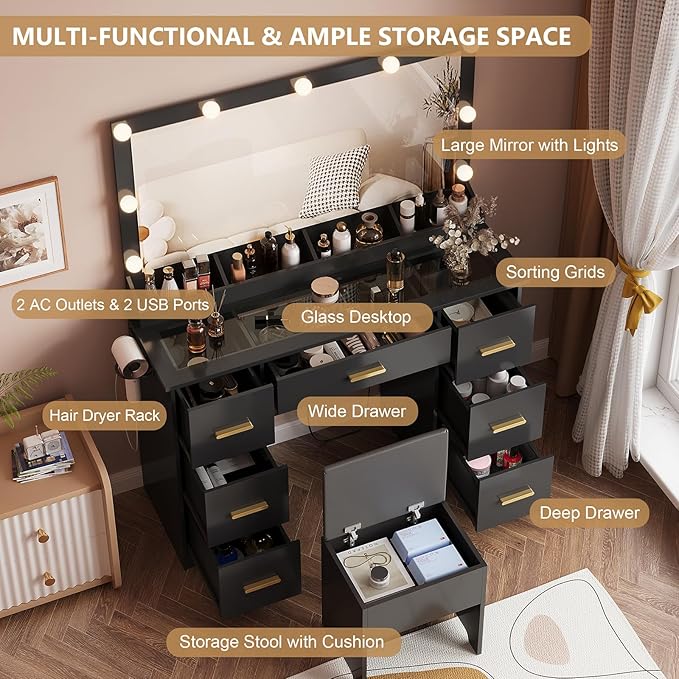 44" Vanity Desk with 38" Large Mirror and 9 LED Lights & Glass Top and Power Outlet, Makeup Vanity Set with Drawers & Chair and RGB Ambient Light, Desk Table for Girls, Modern Black
