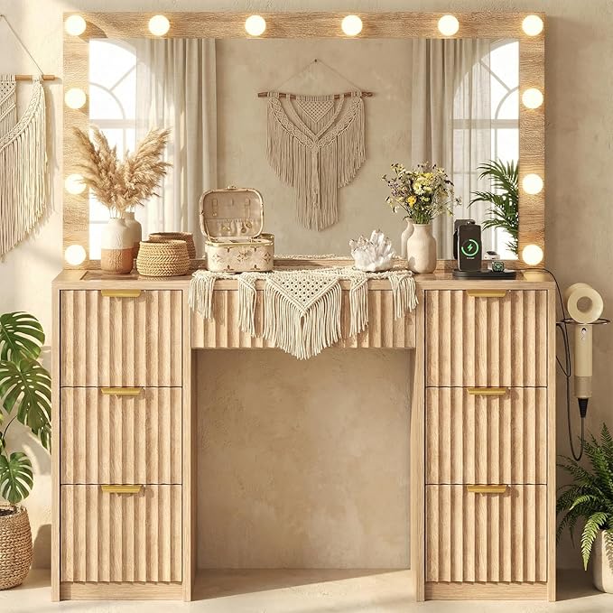 47" Fluted Makeup Vanity Desk w/Large 42" Mirror & Ajustable LED Lights, Large 7 Drawers Vanity Table w/Glass Top&Charging Station, Makeup Dressing Table for Women&Girls, Bedroom or Dorm, Oak